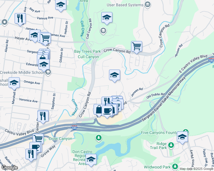 map of restaurants, bars, coffee shops, grocery stores, and more near 20975 Manter Road in Castro Valley