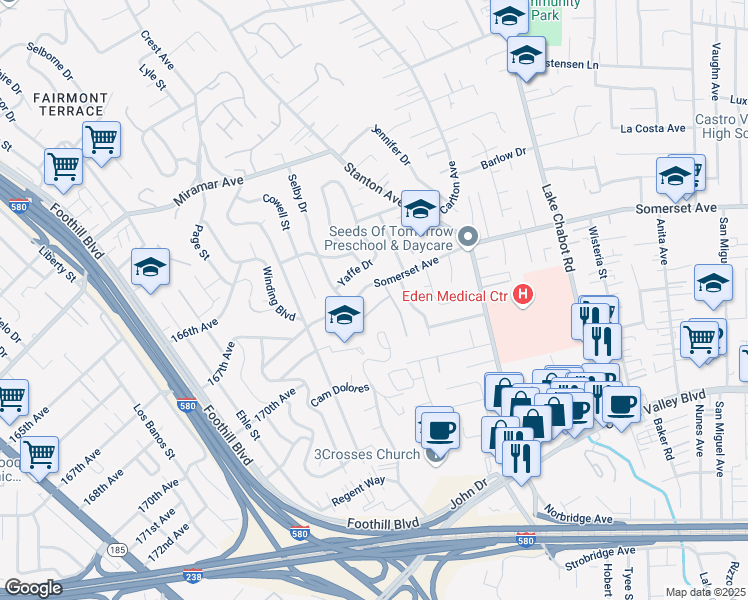 map of restaurants, bars, coffee shops, grocery stores, and more near 19808 John Drive in Castro Valley