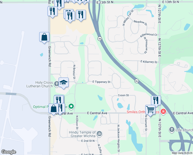 map of restaurants, bars, coffee shops, grocery stores, and more near 11825 East Tipperary Street in Wichita