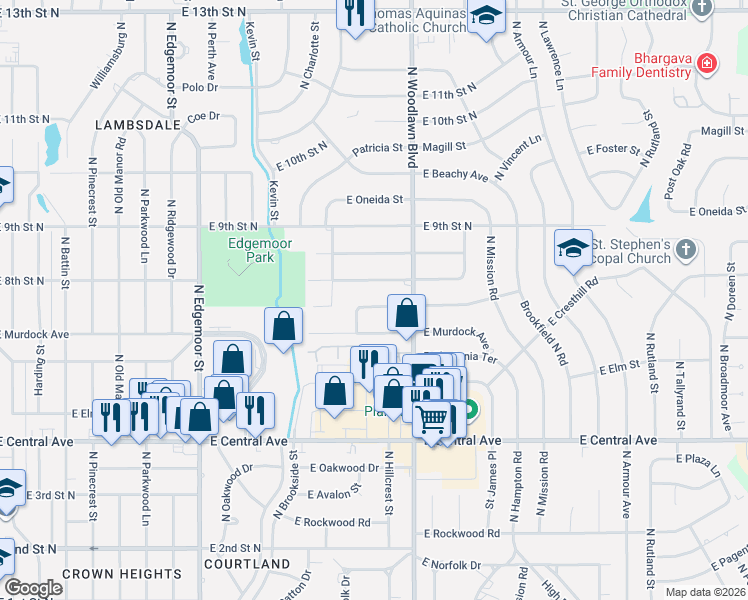 map of restaurants, bars, coffee shops, grocery stores, and more near 6227 East Marjorie Street in Wichita