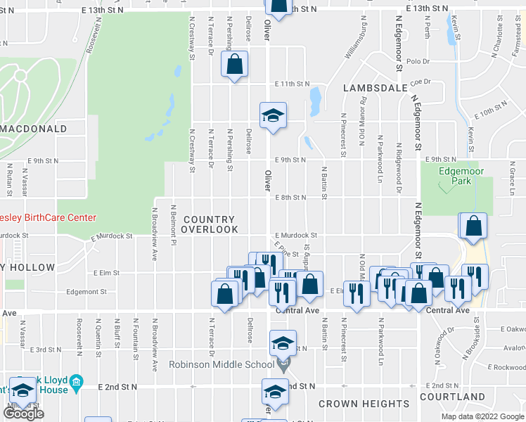 map of restaurants, bars, coffee shops, grocery stores, and more near 819 North Oliver Street in Wichita