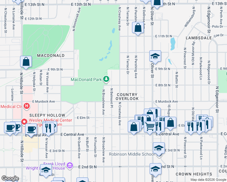 map of restaurants, bars, coffee shops, grocery stores, and more near 819 North Crestway Street in Wichita
