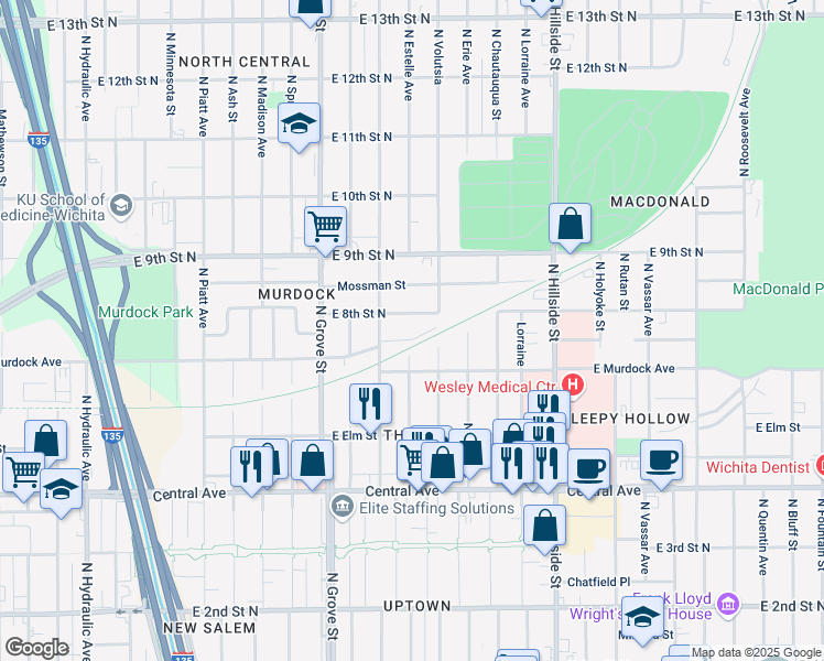 map of restaurants, bars, coffee shops, grocery stores, and more near 2621 E Orchard St in Wichita