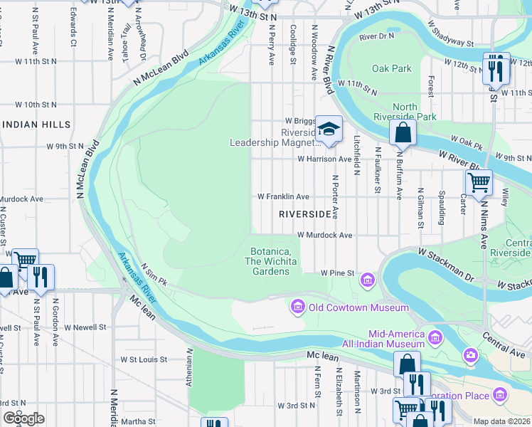 map of restaurants, bars, coffee shops, grocery stores, and more near 811 North Perry Avenue in Wichita