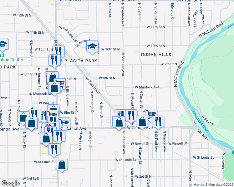 map of restaurants, bars, coffee shops, grocery stores, and more near 3228 West Elm Street in Wichita