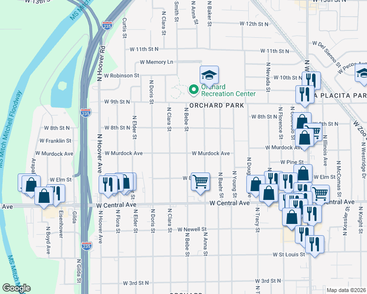 map of restaurants, bars, coffee shops, grocery stores, and more near 4901-4999 West Murdock Street in Wichita