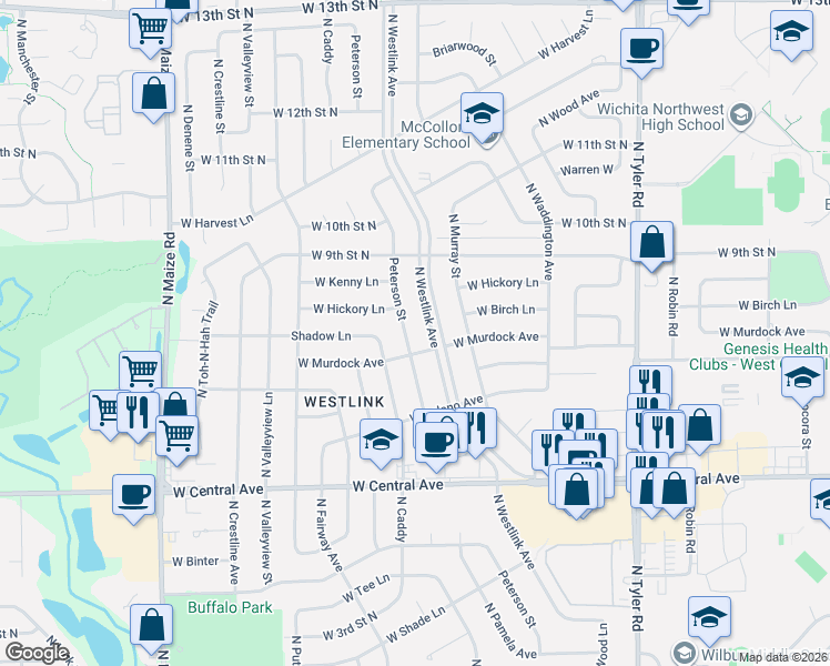 map of restaurants, bars, coffee shops, grocery stores, and more near 901 Peterson Street in Wichita
