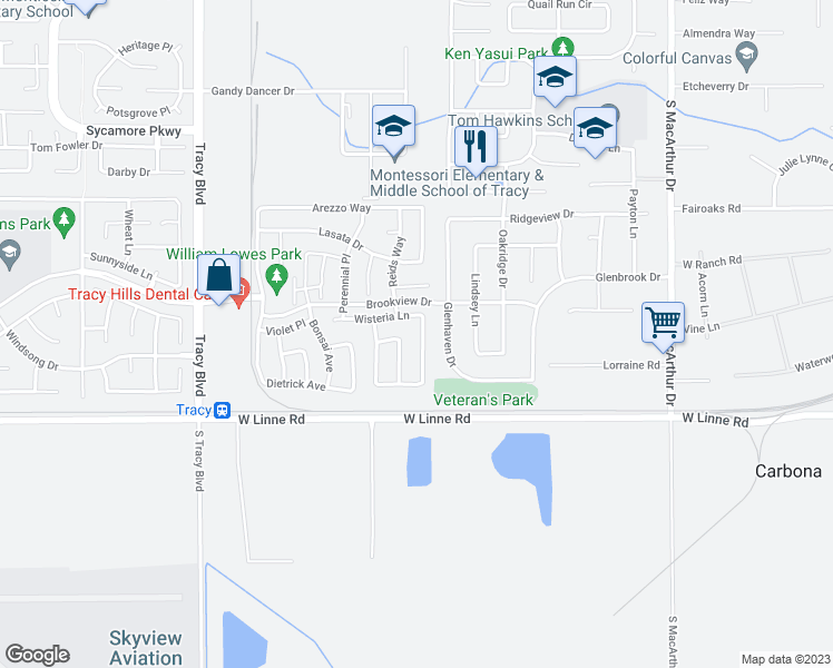 map of restaurants, bars, coffee shops, grocery stores, and more near 4545 Dandelion Loop in Tracy