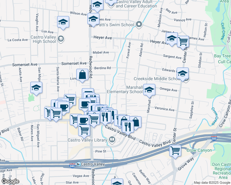 map of restaurants, bars, coffee shops, grocery stores, and more near 20089 Meadowlark Drive in Castro Valley