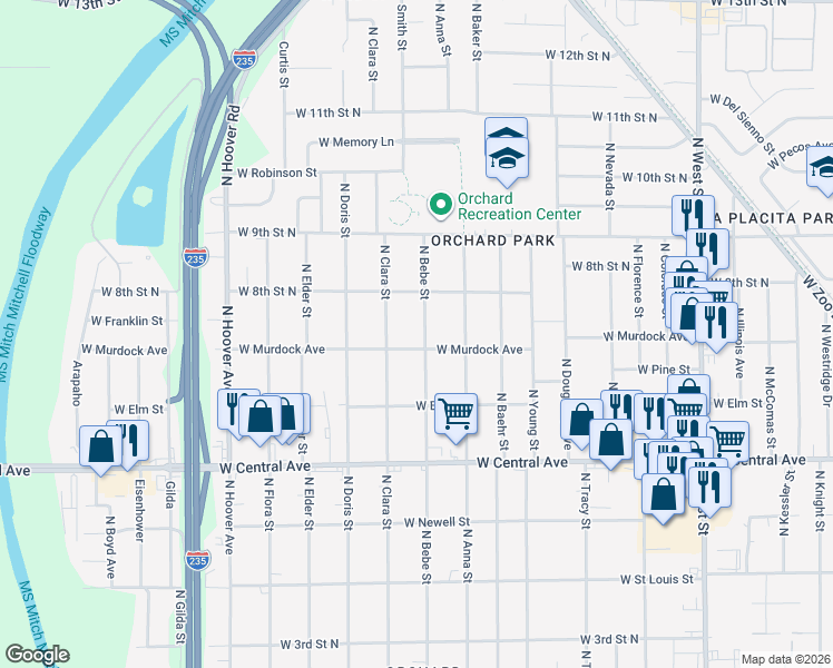map of restaurants, bars, coffee shops, grocery stores, and more near 4901-4999 West Murdock Street in Wichita