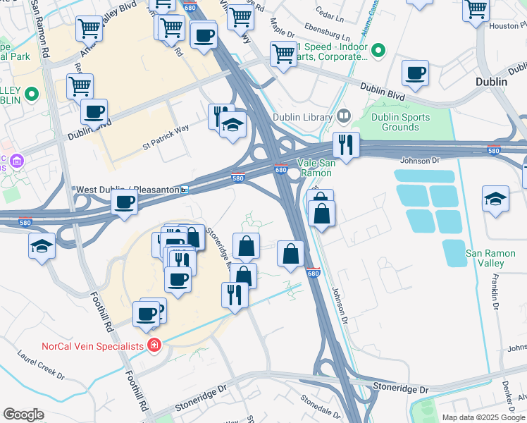 map of restaurants, bars, coffee shops, grocery stores, and more near 6130 Stoneridge Mall Road in Pleasanton