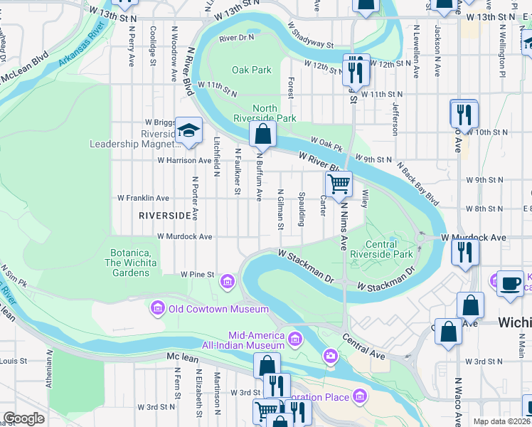map of restaurants, bars, coffee shops, grocery stores, and more near 819 Gilman in Wichita