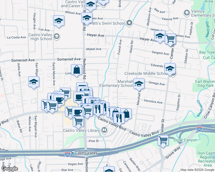 map of restaurants, bars, coffee shops, grocery stores, and more near 20156 Meadowlark Drive in Castro Valley