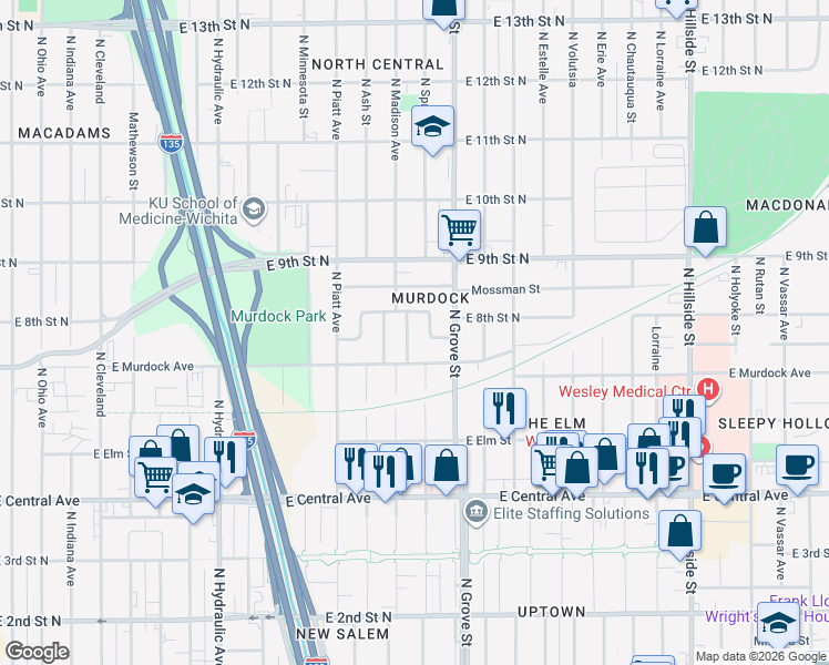map of restaurants, bars, coffee shops, grocery stores, and more near 2308 East Murdock Street in Wichita