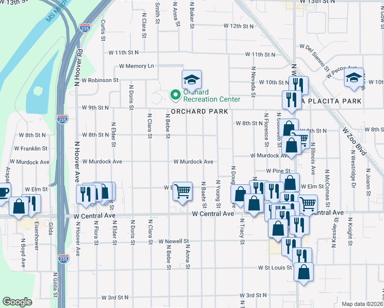 map of restaurants, bars, coffee shops, grocery stores, and more near 748 North Anna Street in Wichita