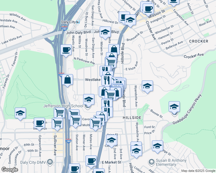 map of restaurants, bars, coffee shops, grocery stores, and more near 6842 Mission Street in Daly City