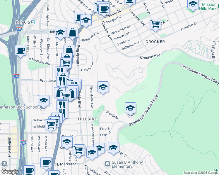 map of restaurants, bars, coffee shops, grocery stores, and more near 425 Mountain View Drive in Daly City