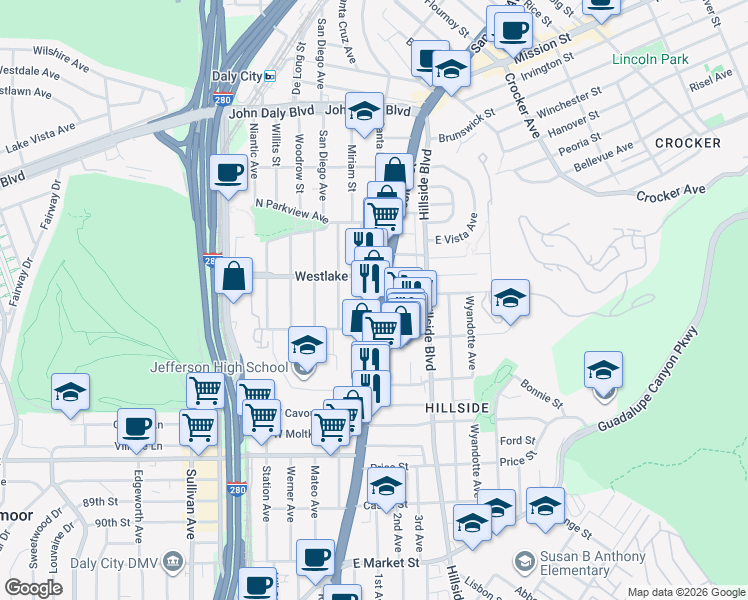 map of restaurants, bars, coffee shops, grocery stores, and more near 6842 Mission Street in Daly City