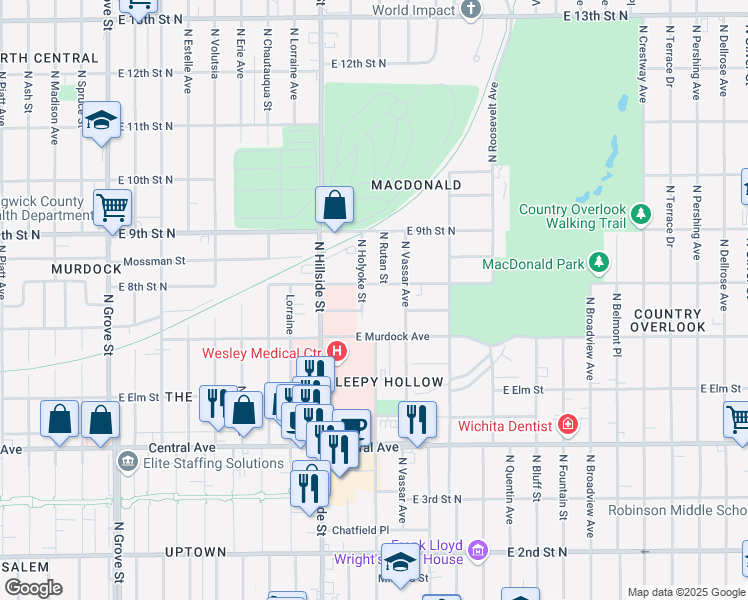 map of restaurants, bars, coffee shops, grocery stores, and more near 810 North Holyoke Street in Wichita