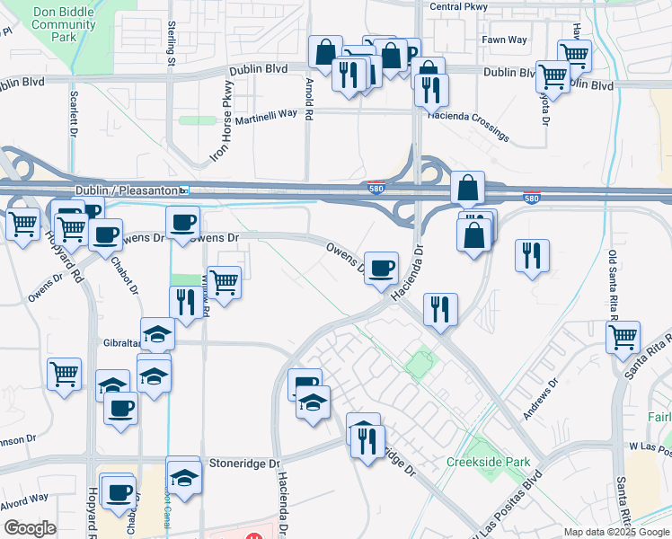 map of restaurants, bars, coffee shops, grocery stores, and more near 5820 Owens Drive in Pleasanton
