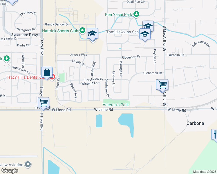 map of restaurants, bars, coffee shops, grocery stores, and more near 4542 Glenhaven Drive in Tracy