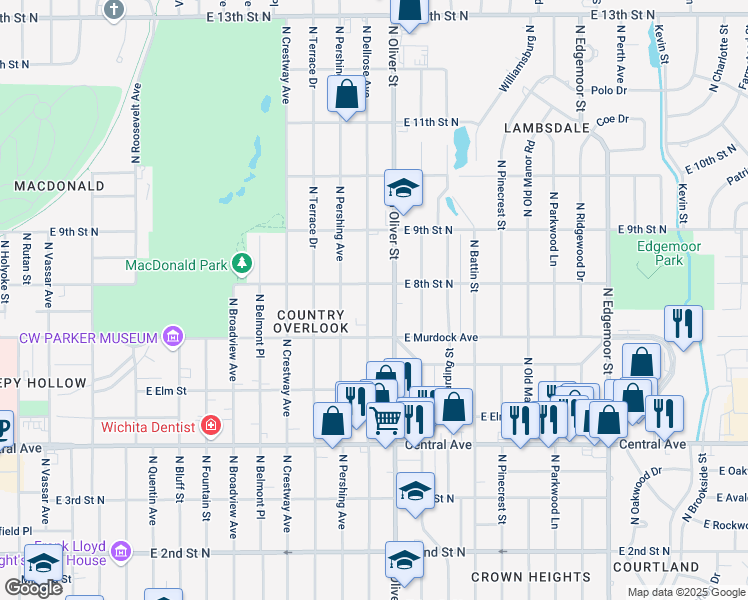 map of restaurants, bars, coffee shops, grocery stores, and more near 832 Dellrose in Wichita