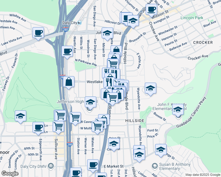 map of restaurants, bars, coffee shops, grocery stores, and more near 6888 California 82 in Daly City