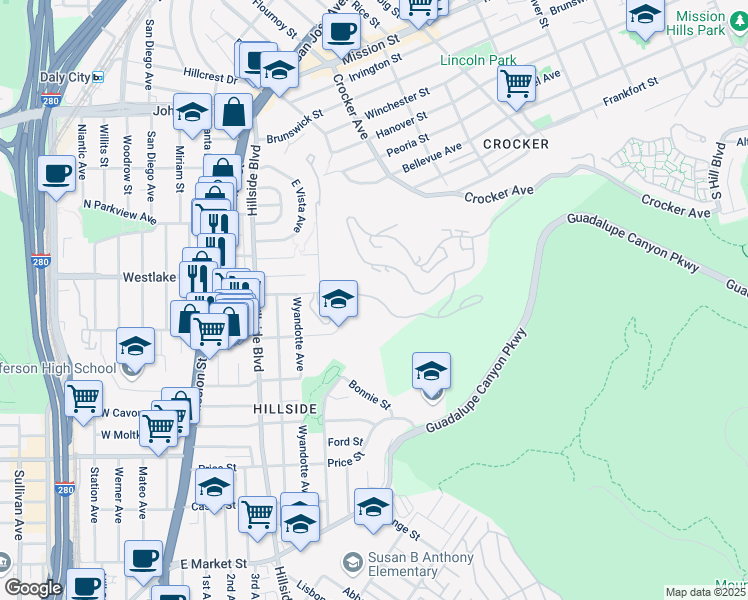 map of restaurants, bars, coffee shops, grocery stores, and more near 535 Mountain View Drive in Daly City