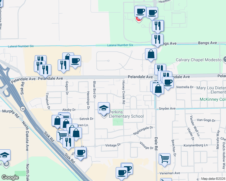map of restaurants, bars, coffee shops, grocery stores, and more near 4020 Bridal Veil Court in Modesto