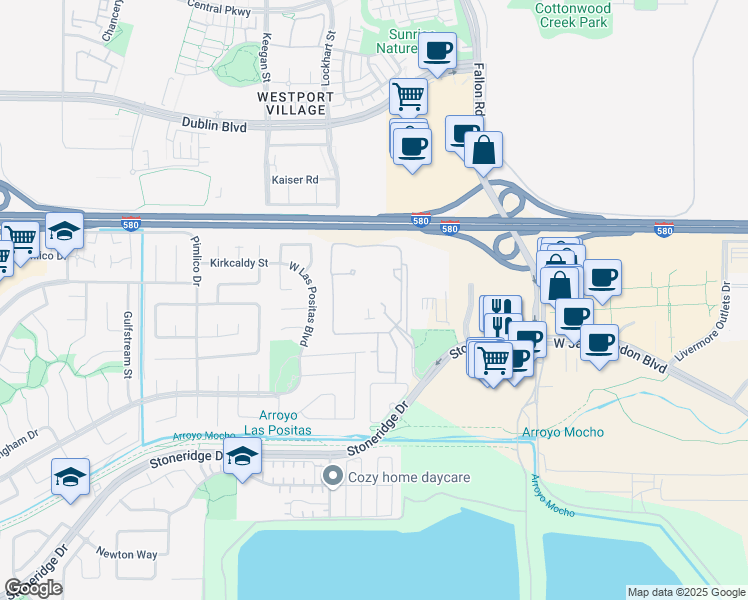 map of restaurants, bars, coffee shops, grocery stores, and more near 3300 Stoneridge Creek Way in Pleasanton
