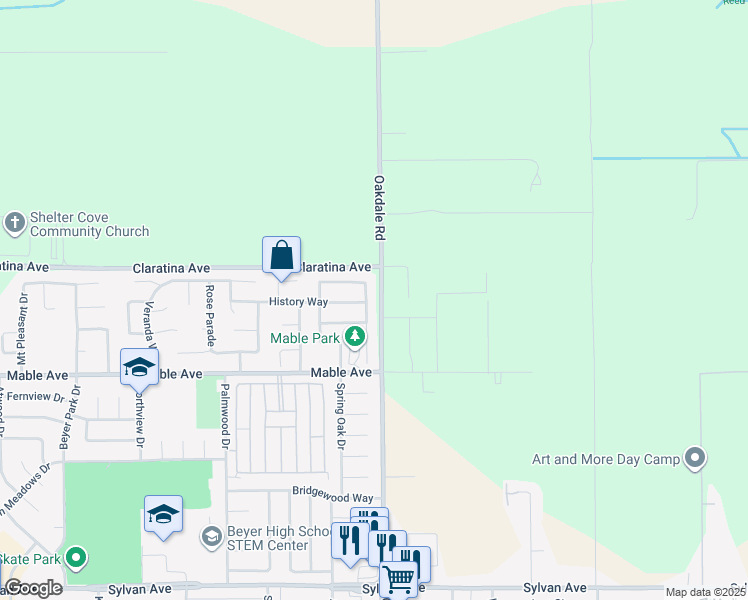 map of restaurants, bars, coffee shops, grocery stores, and more near 4100 Rosalina Drive in Modesto
