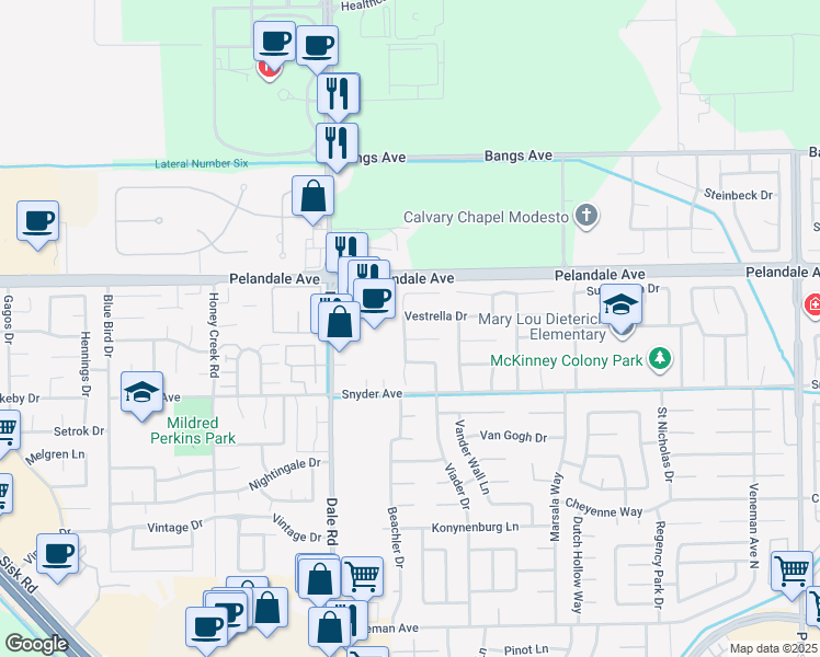 map of restaurants, bars, coffee shops, grocery stores, and more near 4028 Wheeler Peak Way in Modesto
