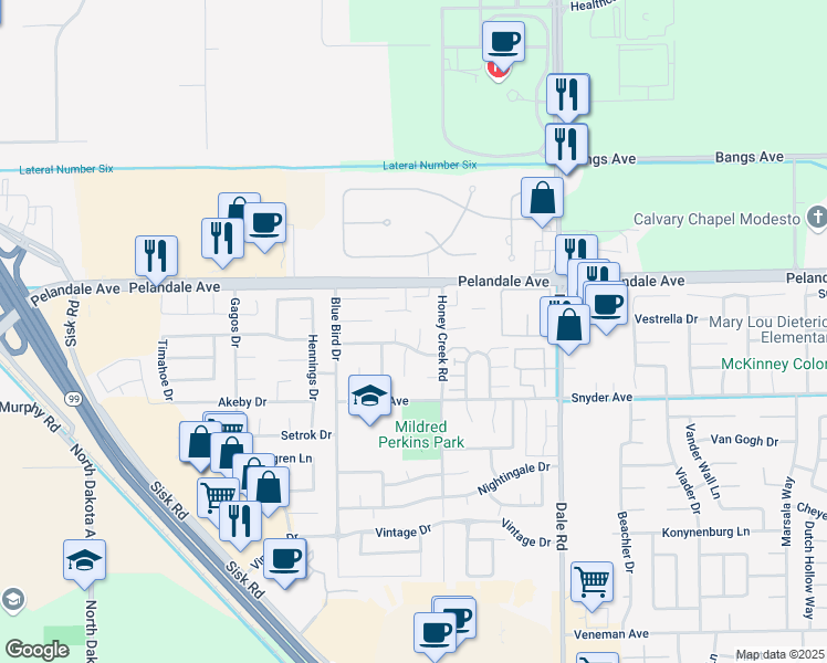 map of restaurants, bars, coffee shops, grocery stores, and more near 4020 Bridal Veil Court in Modesto