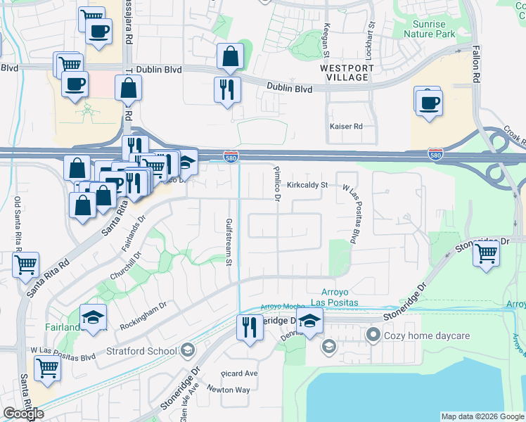 map of restaurants, bars, coffee shops, grocery stores, and more near 3643 Dunsmuir Circle in Pleasanton
