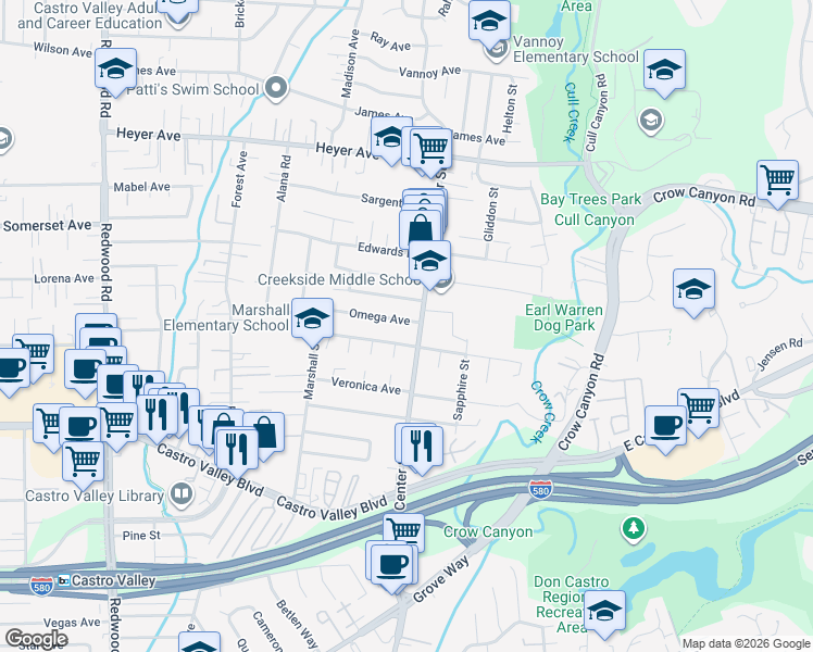 map of restaurants, bars, coffee shops, grocery stores, and more near 20000 Opal Court in Castro Valley