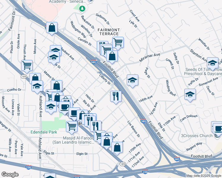 map of restaurants, bars, coffee shops, grocery stores, and more near 1626 164th Avenue in San Leandro