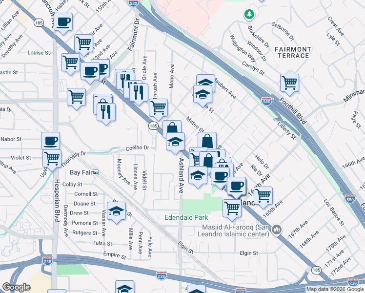 map of restaurants, bars, coffee shops, grocery stores, and more near 16053 Ashland Avenue in San Lorenzo