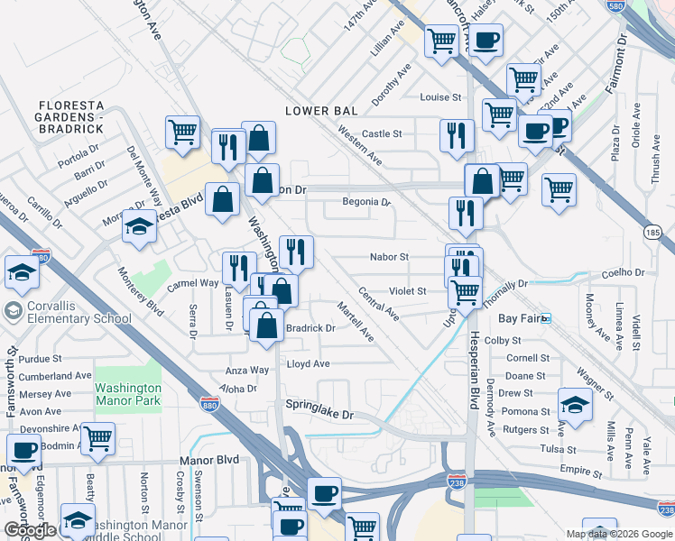 map of restaurants, bars, coffee shops, grocery stores, and more near 15233 Central Avenue in San Leandro
