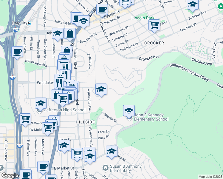 map of restaurants, bars, coffee shops, grocery stores, and more near 535 Mountain View Drive in Daly City