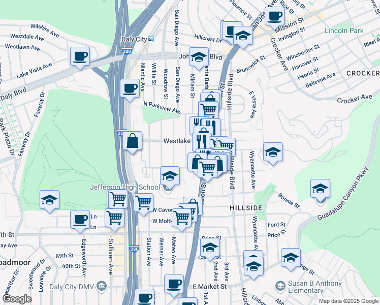 map of restaurants, bars, coffee shops, grocery stores, and more near 686 San Diego Avenue in Daly City