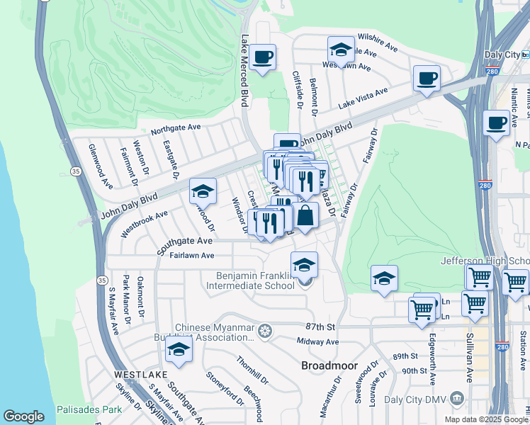 map of restaurants, bars, coffee shops, grocery stores, and more near 360 Lake Merced Boulevard in Daly City