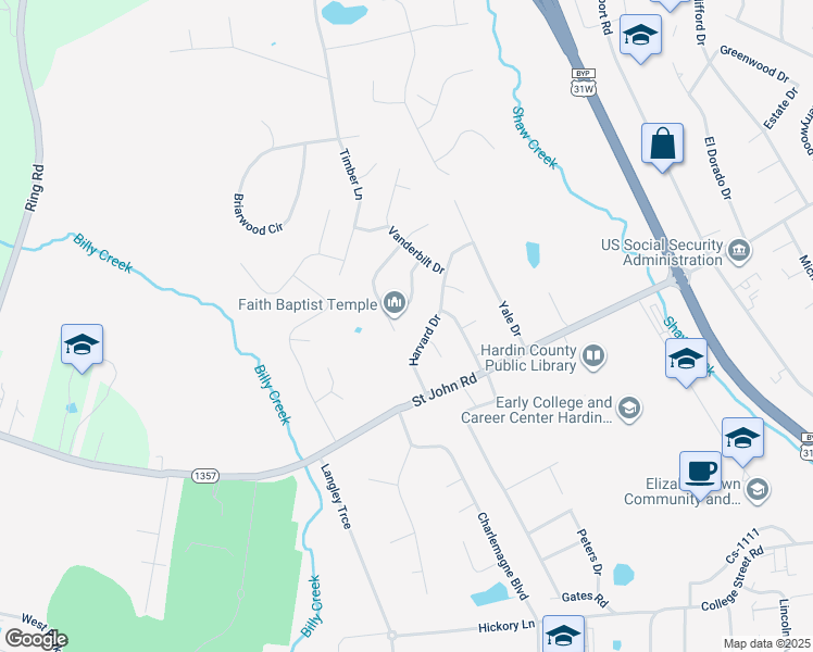 map of restaurants, bars, coffee shops, grocery stores, and more near 629B Princeton Drive in Elizabethtown