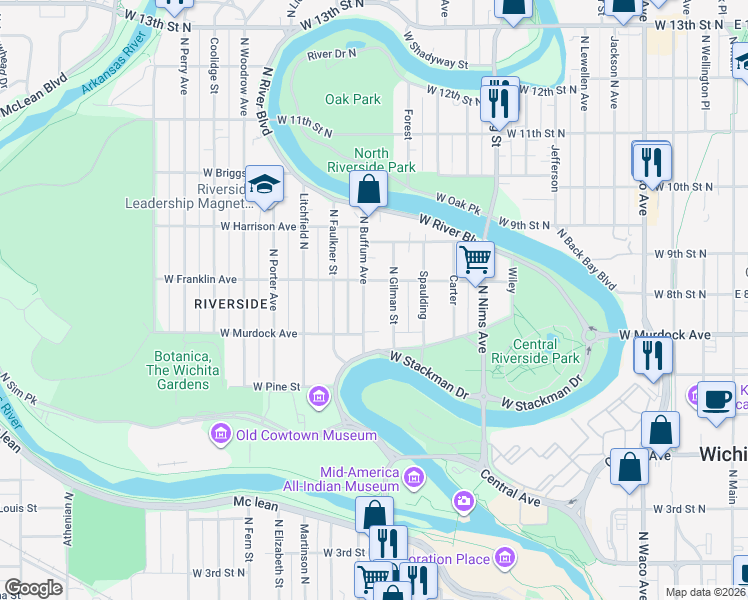 map of restaurants, bars, coffee shops, grocery stores, and more near 819 Gilman in Wichita