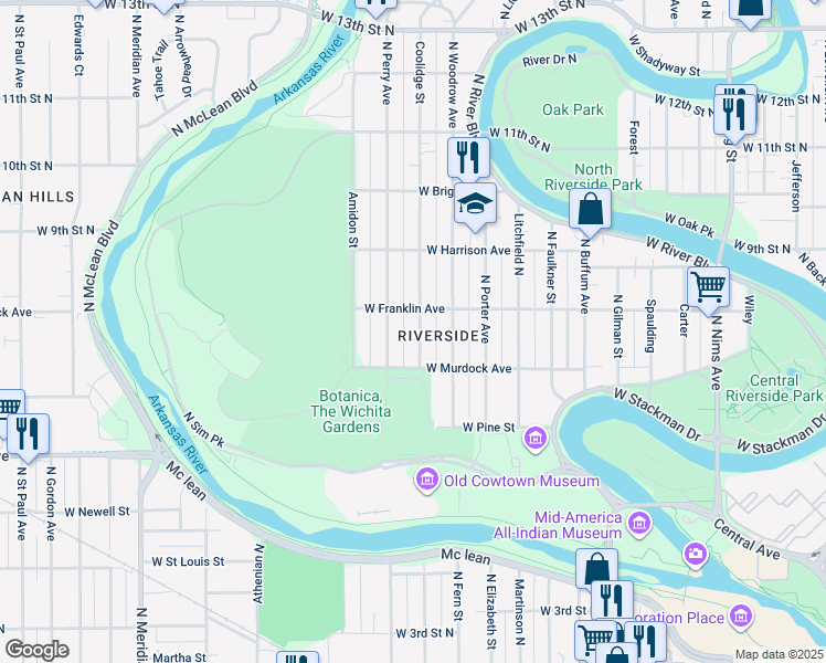 map of restaurants, bars, coffee shops, grocery stores, and more near in Wichita
