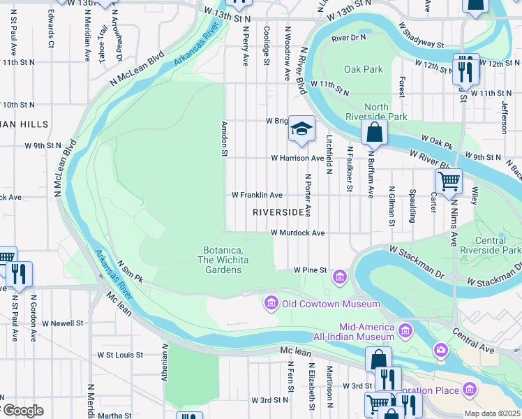 map of restaurants, bars, coffee shops, grocery stores, and more near in Wichita
