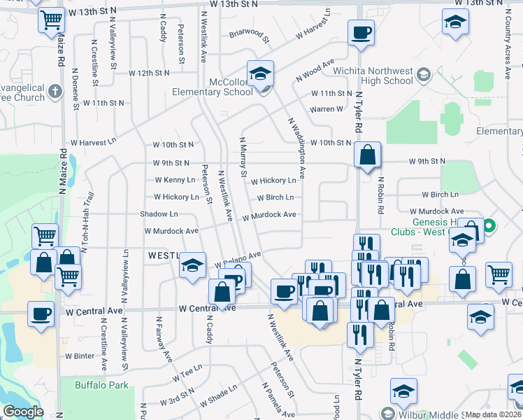 map of restaurants, bars, coffee shops, grocery stores, and more near 846 North Murray Street in Wichita