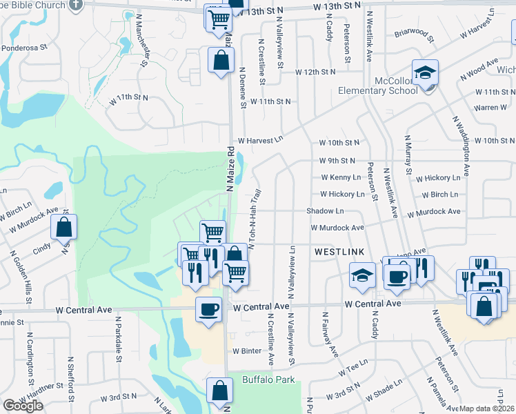 map of restaurants, bars, coffee shops, grocery stores, and more near 860 North Toh-N-Hah Trail in Wichita