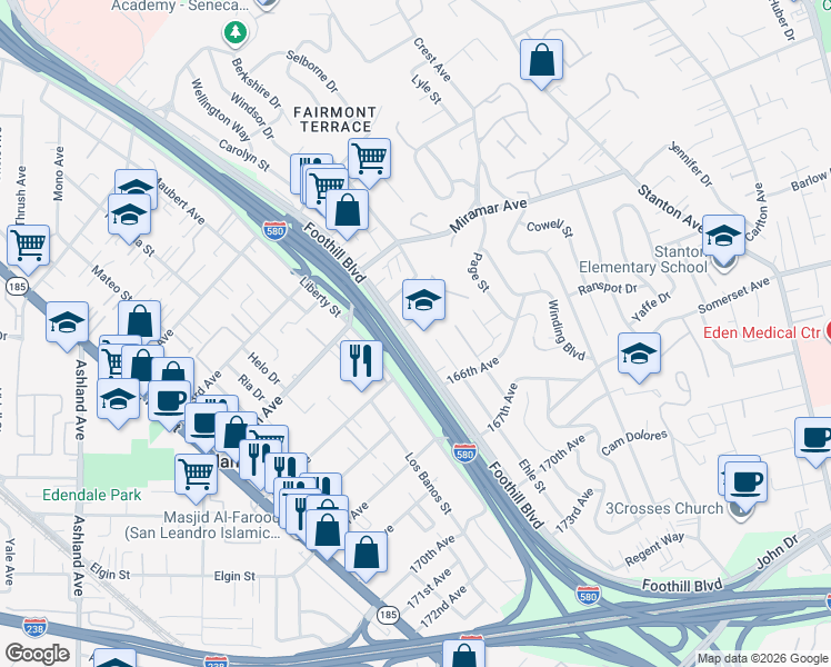 map of restaurants, bars, coffee shops, grocery stores, and more near 16472 Foothill Boulevard in San Leandro