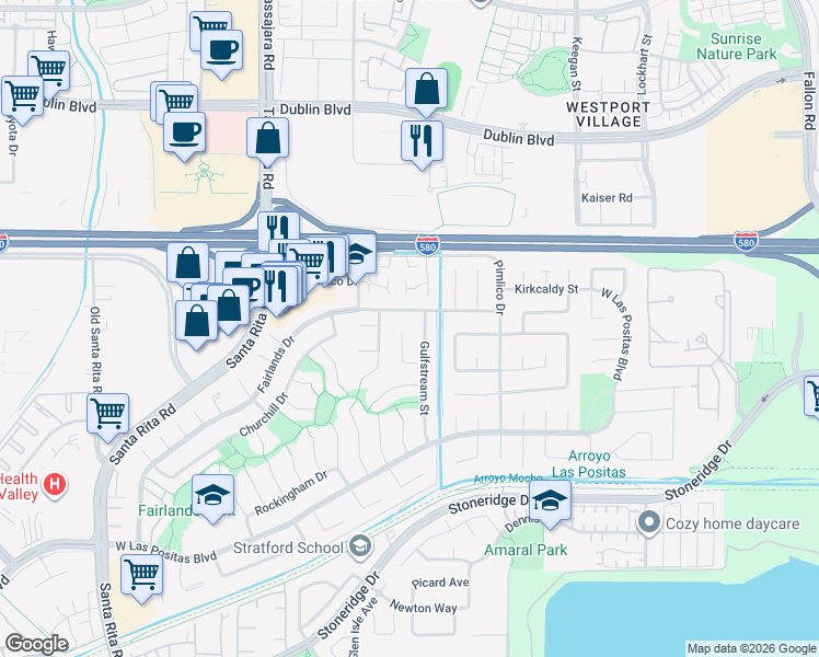 map of restaurants, bars, coffee shops, grocery stores, and more near 3579 Whitehall Court in Pleasanton