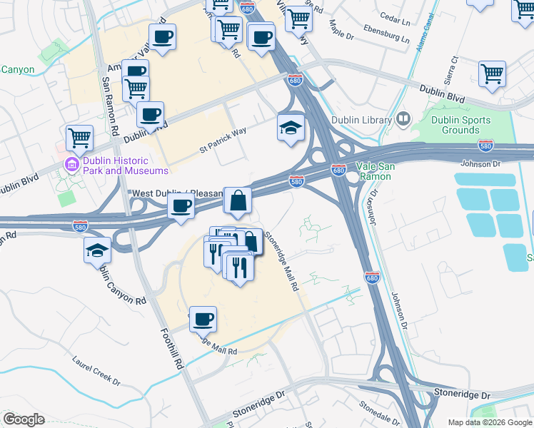 map of restaurants, bars, coffee shops, grocery stores, and more near 6110 Stoneridge Mall Road in Pleasanton